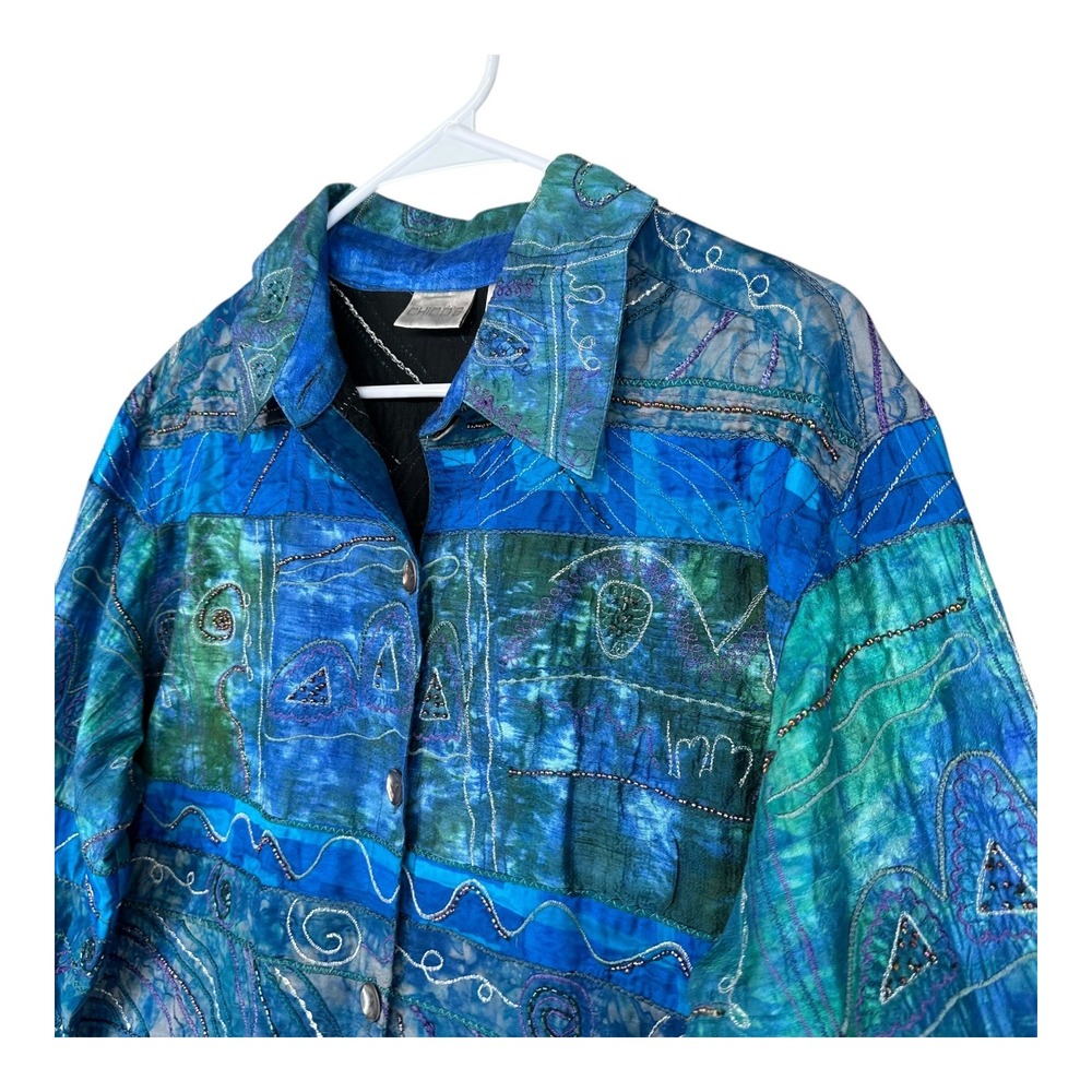 Chico's 3 100% Silk Blue Patchwork Button Jacket … - image 5